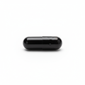 A single black pill capsule on a white background