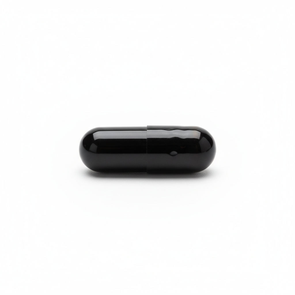A single black pill capsule on a white background